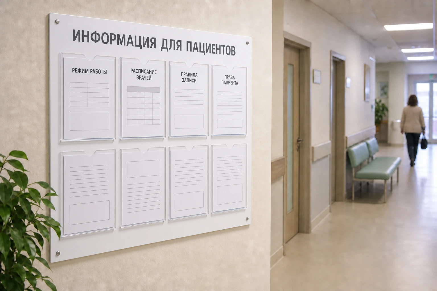 Стенд «Информация для пациентов» с расписанием и памятками в коридоре клиники; для заказа в Туле