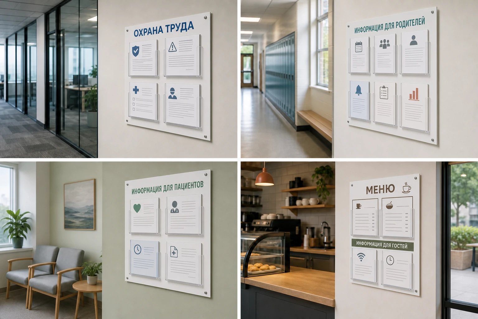 Стенды «Охрана труда», «Информация для родителей», «Информация для пациентов» и «Меню»; для заказа в Туле