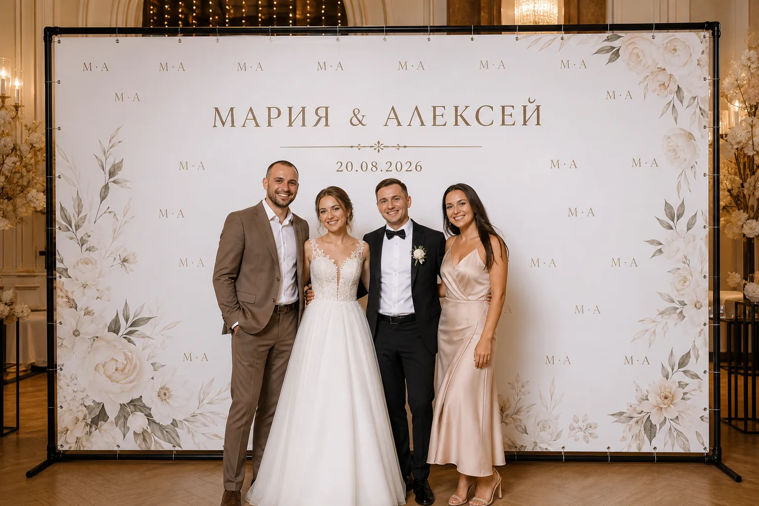 Гости у прямоугольного свадебного Press Wall; для заказа в Туле