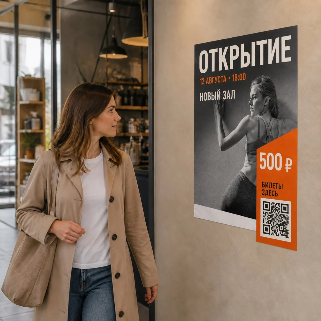 Прохожая замечает бумажный плакат с событием, датой, ценой и QR-кодом; для заказа в Туле