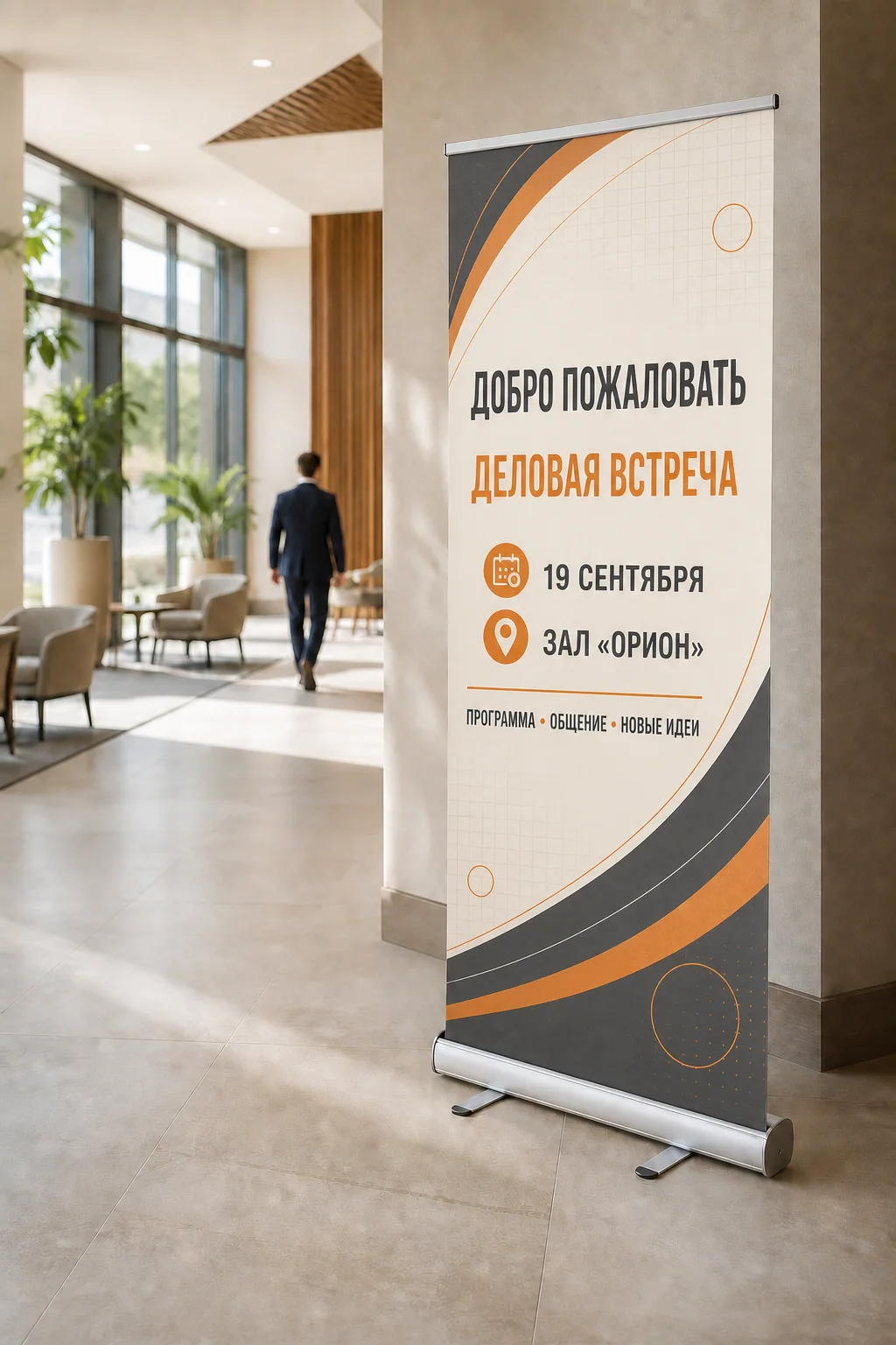 образец смежной услуги, кадр 1: Roll-up стенды; Roll-up с насыщенным русским макетом в лобби делового центра — ПЕЧАТЬ32, заказ с получением в Туле, «Штендеры»