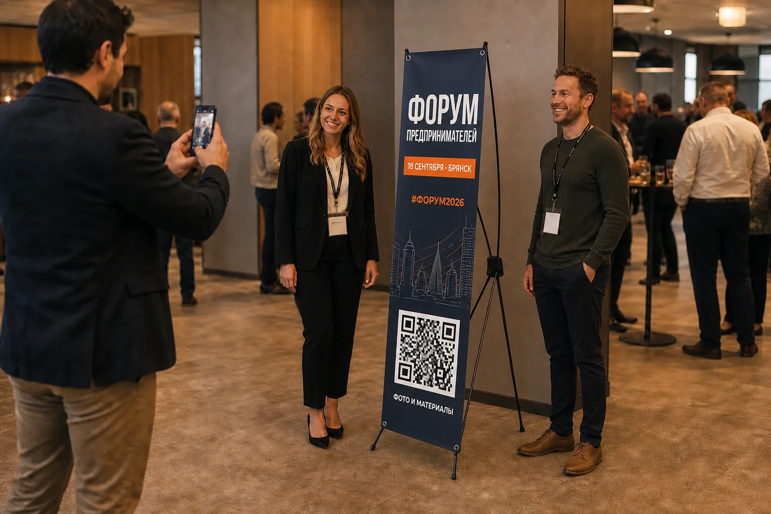 Участники фотографируются рядом со стендом паук с названием, датой и QR-кодом форума; для заказа в Туле