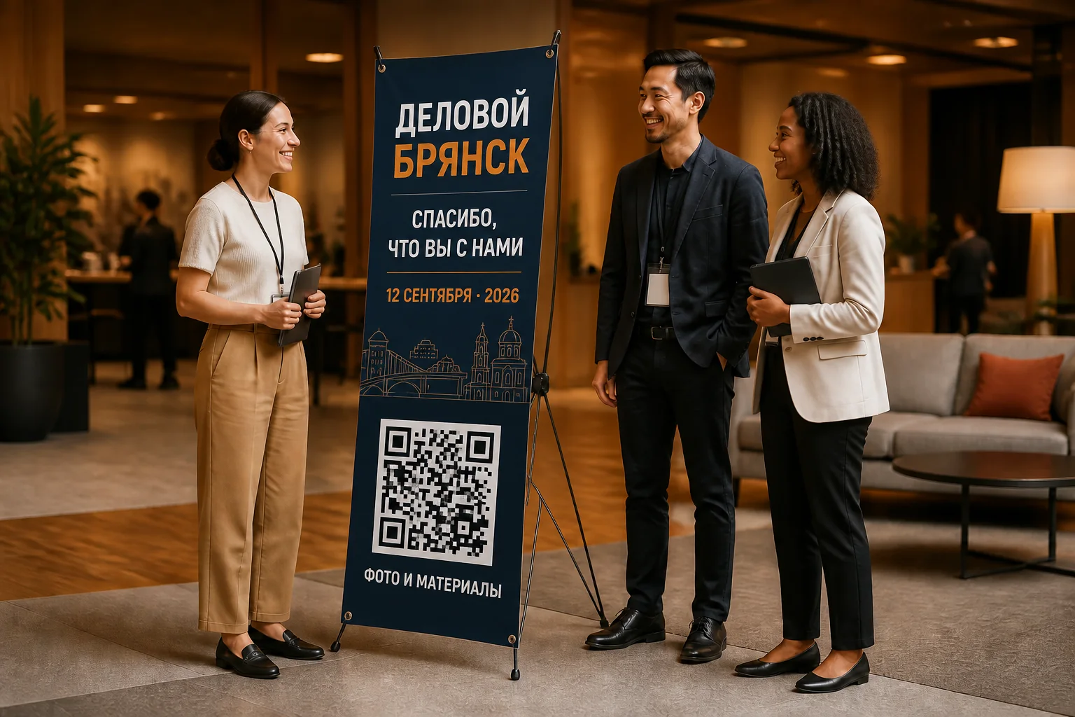 Гости делового мероприятия рядом со стендом паук с датой и QR-кодом для программы и материалов; для заказа в Туле