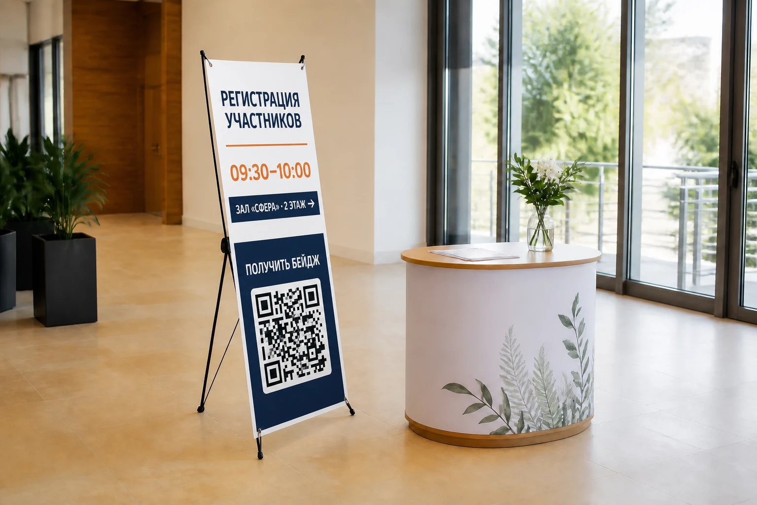 Фирменный стенд паук с программой и QR-кодом в зоне встречи участников; для заказа в Туле