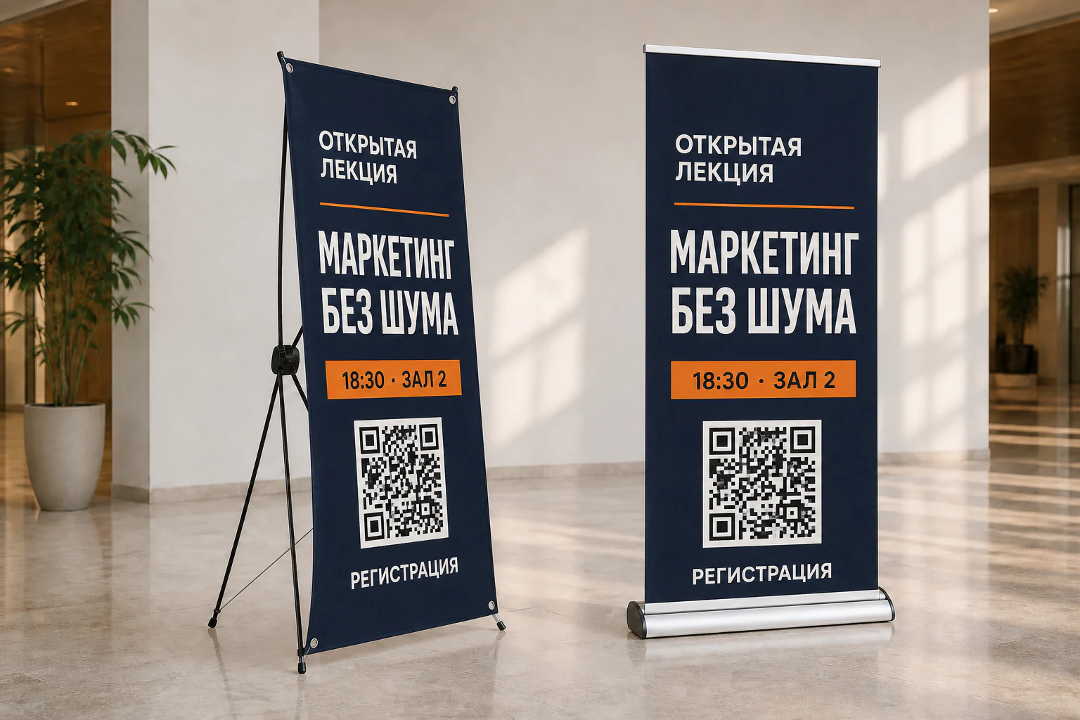Стенд паук и Roll-up с одинаковым макетом делового мероприятия; для заказа в Туле