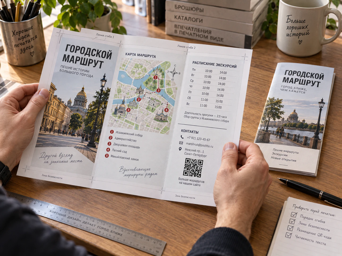 Проверка разворота буклета с картой, расписанием, контактами и QR-кодом перед печатью