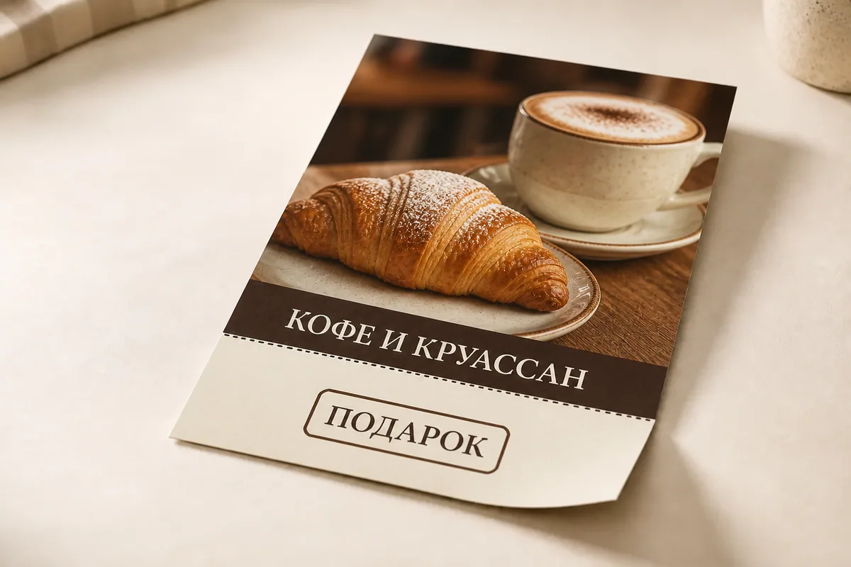 Листовка кафе формата A5 с профессиональной перфорацией и отрывным купоном; для заказа в Туле