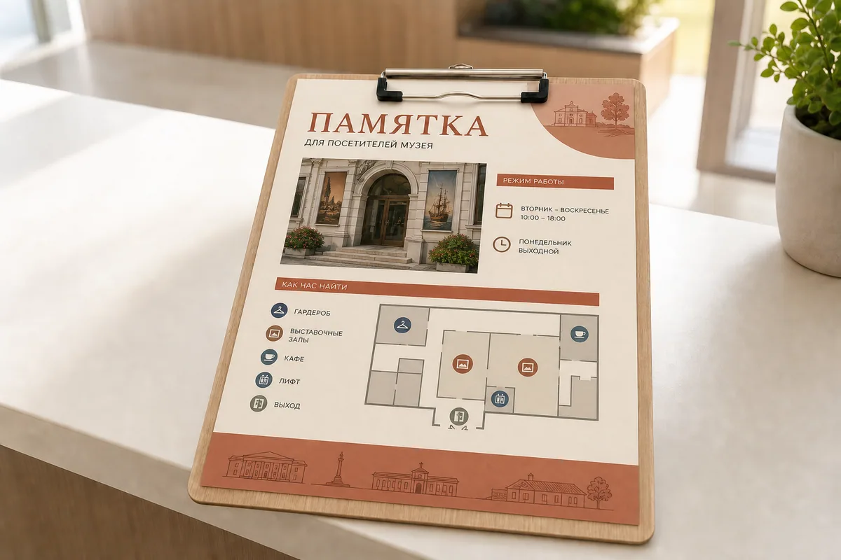 Памятка для посетителей музея формата A4 со схемой и режимом работы; для заказа в Туле