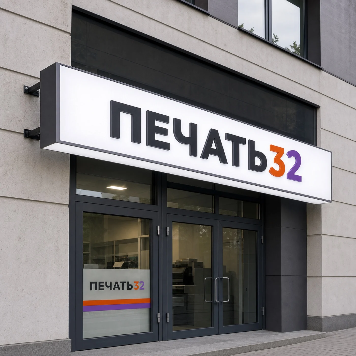 ПЕЧАТЬ32: Вывески — образец смежной услуги, кадр 1; Фирменная плоская фасадная вывеска без подсветки, получение в Туле, страница «Световые короба»
